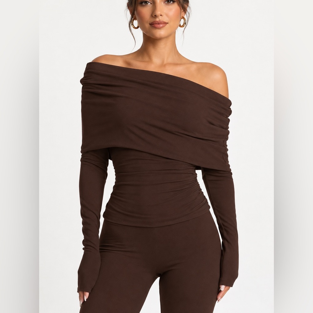 NWT Naked Wardrobe Off the Shoulder Brown Smooth Long Sleeve Blouse Top Shirt XL